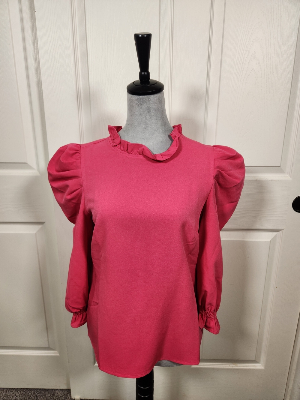 Sugarlips Hot Pink Ruffle Neck Puff-Sleeve Blouse